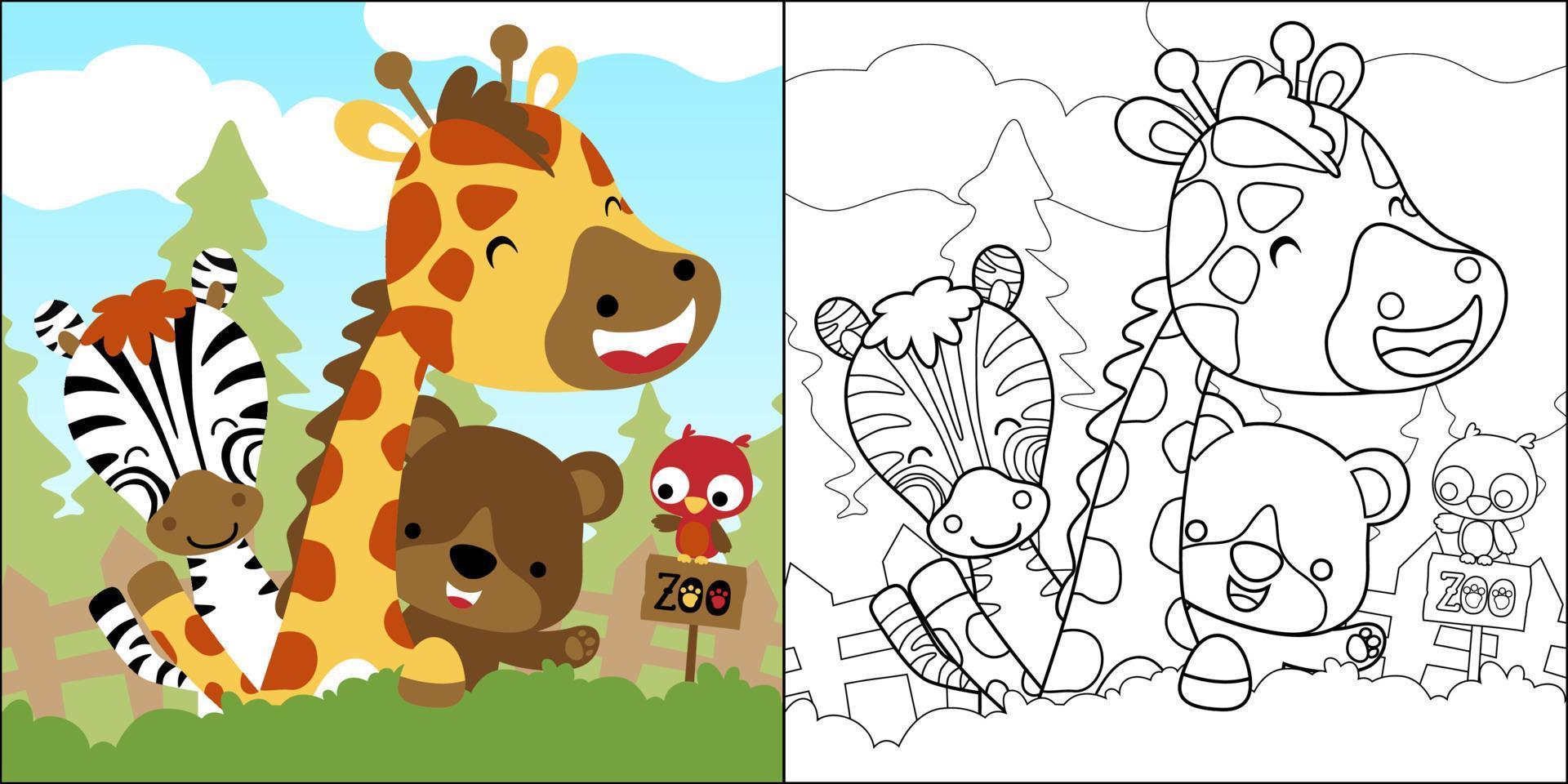 coloring book of funny animals cartoon on forest background vector