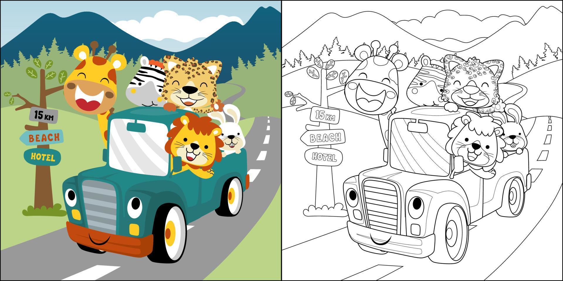 Vector cartoon of happy animals on truck with scenic background, coloring book or page