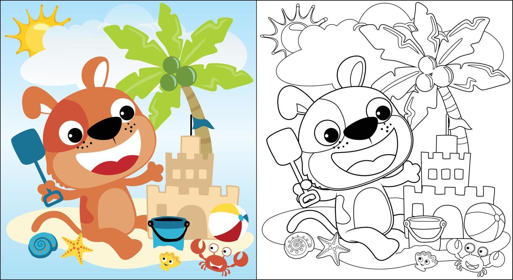 Vector cartoon of cute puppy build sand castle with marine animals, beach summer elements, coloring book or page