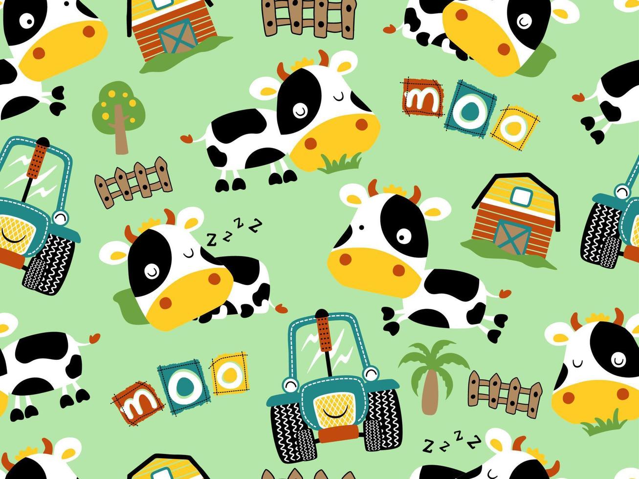 vector seamless pattern of funny cow cartoon, farming element cartoon