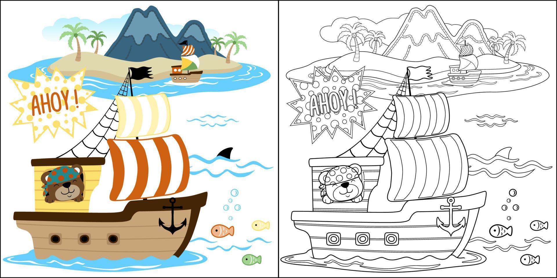 vector cartoon of funny bear on sailboat, pirate elements, coloring book or page