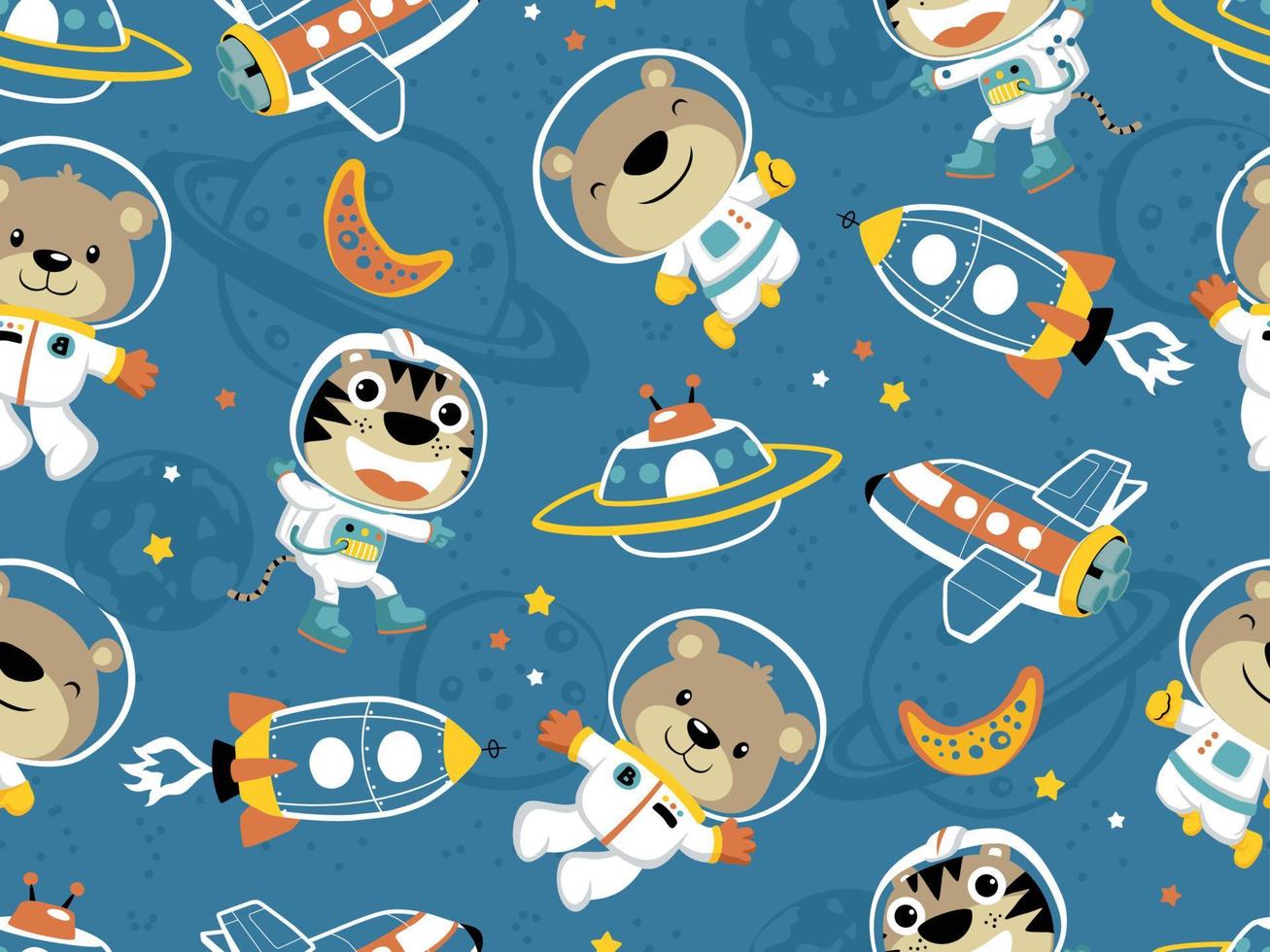 Seamless pattern of funny bear and tiger in astronaut costume with spaceship on space objects background vector