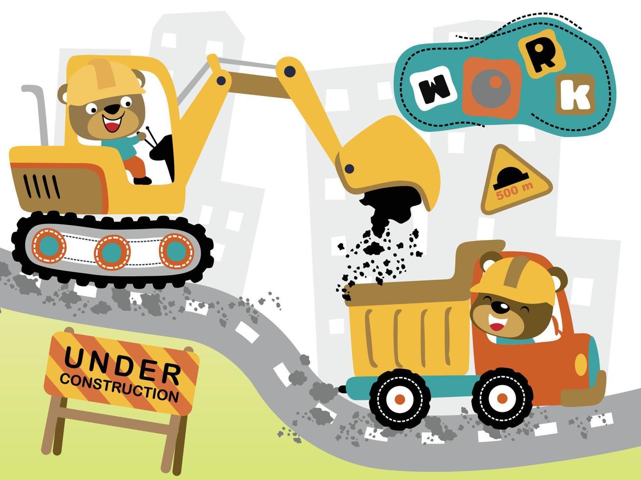 Funny bear cartoon on construction vehicles on the road, construction elements cartoon vector