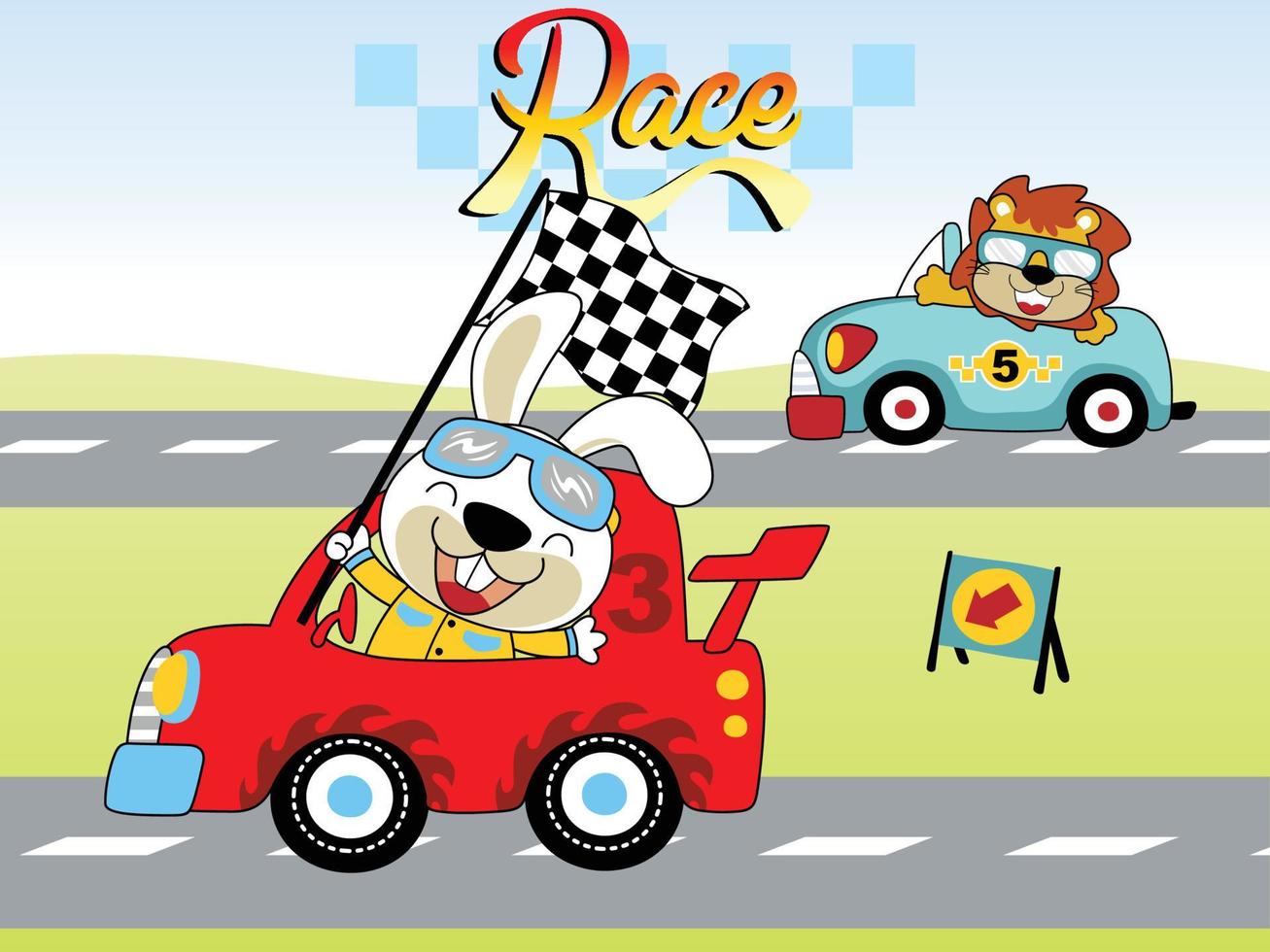 Vector cartoon of car racing championship with funny lion and rabbit