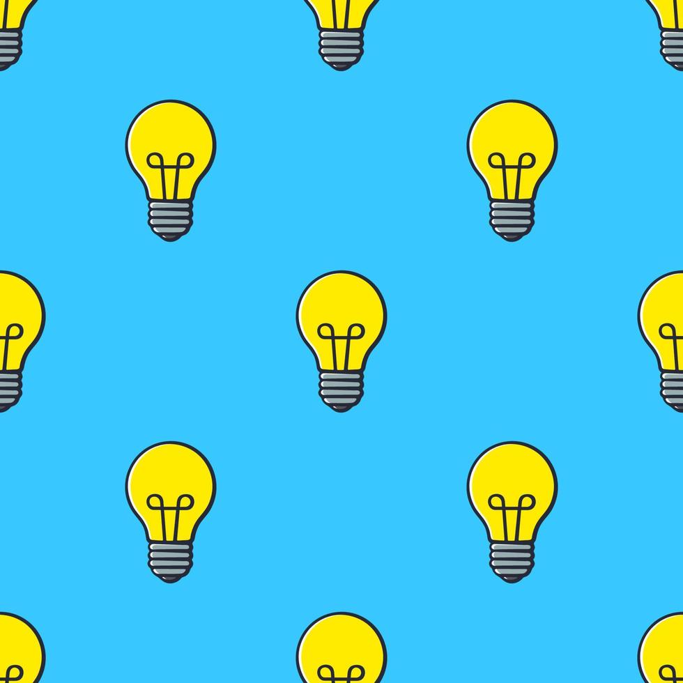Seamless pattern with light bulbs in pop art style on blue background. Idea and solution symbol. Pattern with contour vector