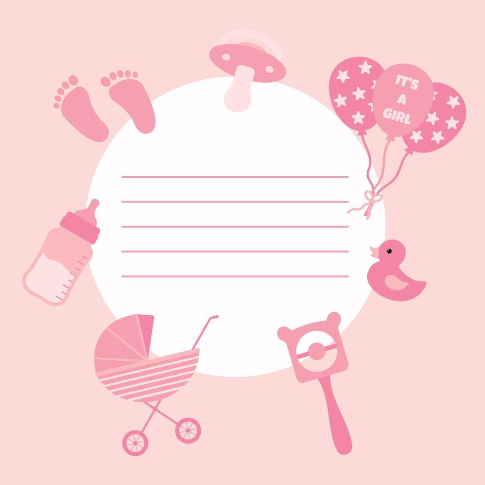 Vector card for a newborn baby girl with baby items