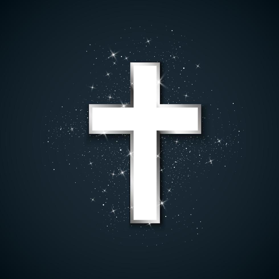 White Cross with silver stroke symbol of christianity. Holy metal cross on dark background. Symbol of hope and faith. Vector illustration