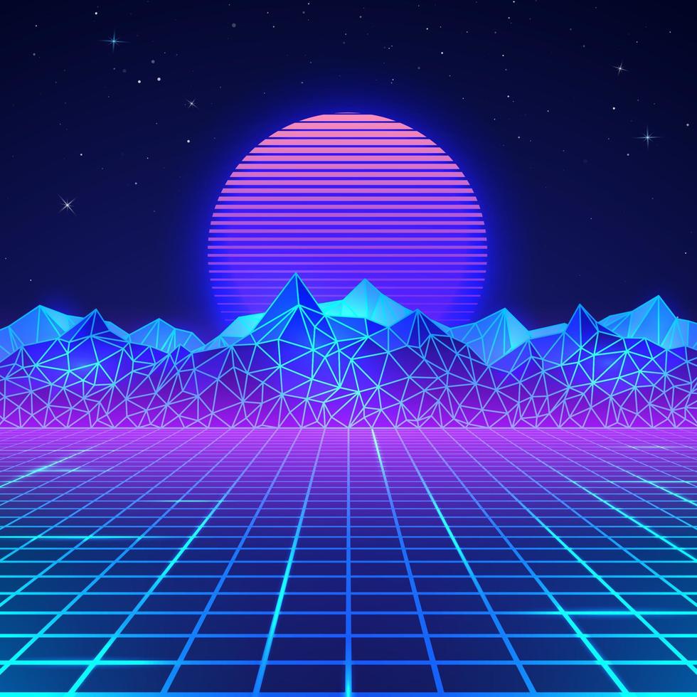 Futuristic retro landscape of the 80s in neon colors. Sun with mountains in retro style. Digital retro cyber surface. Vector illustration