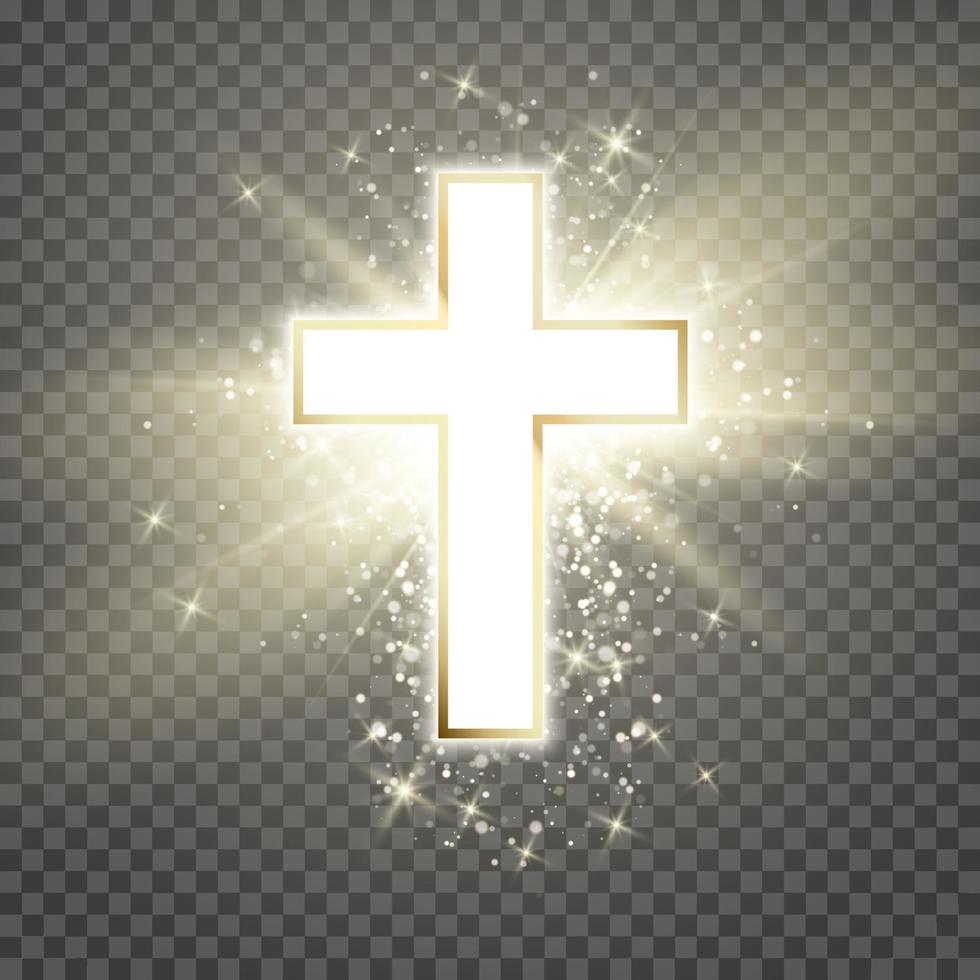 White Cross with golden frame and shine symbol of christianity. Symbol of hope and faith. Vector illustration
