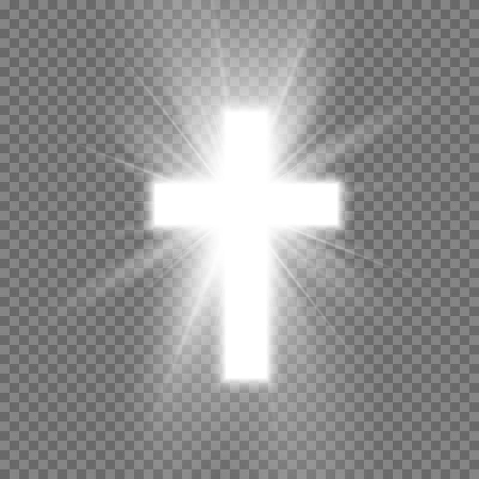 White Cross with glow symbol of christianity. Symbol of hope and faith. Vector illustration