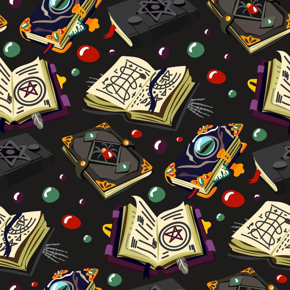 A pattern with magic books and various details. Records on alchemy, ancient volumes with esoteric recipes and mystical charms. Suitable for printing on textiles and paper. Gift wrapping for Halloween vector