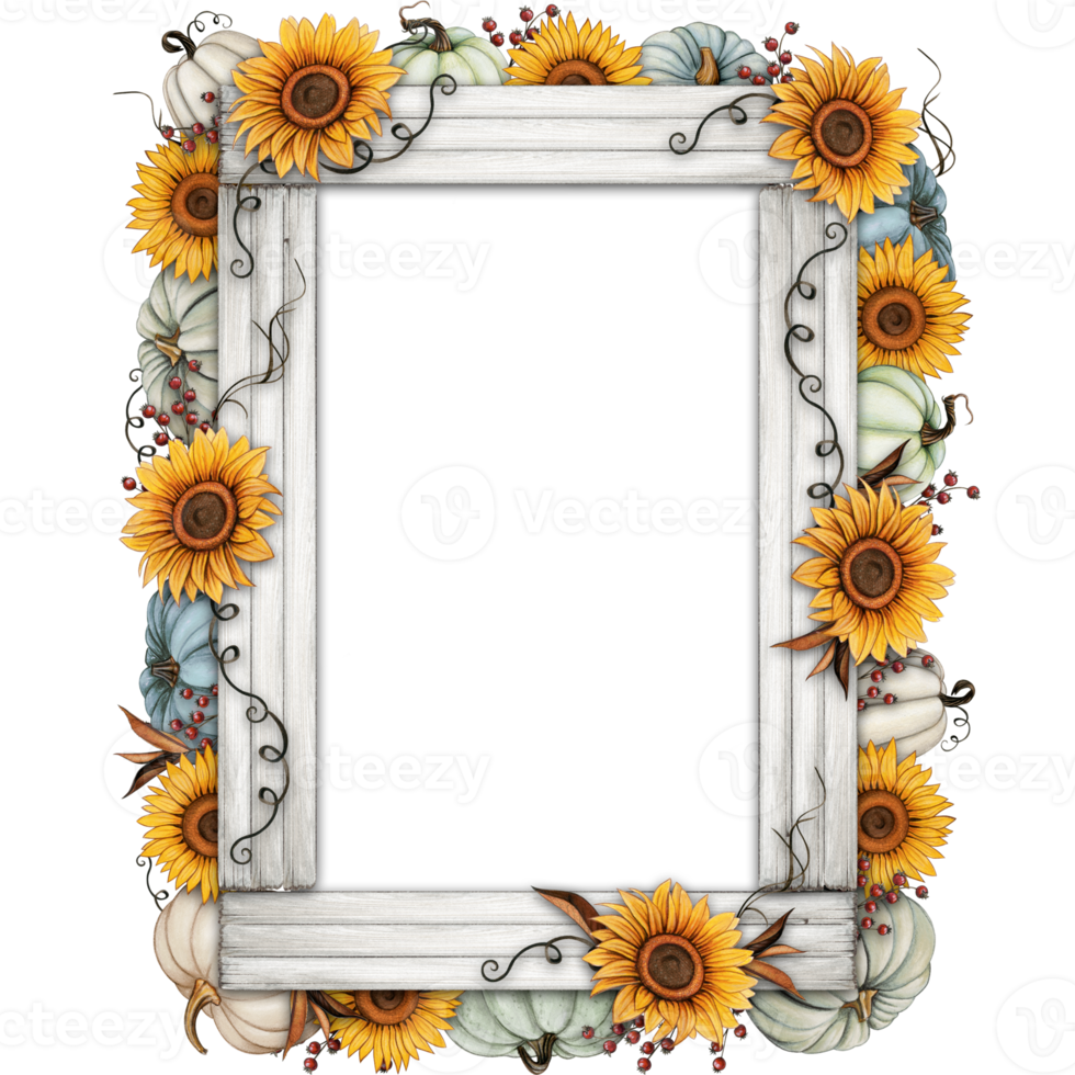 watercolor wooden frame with sunflowers and pumpkins png