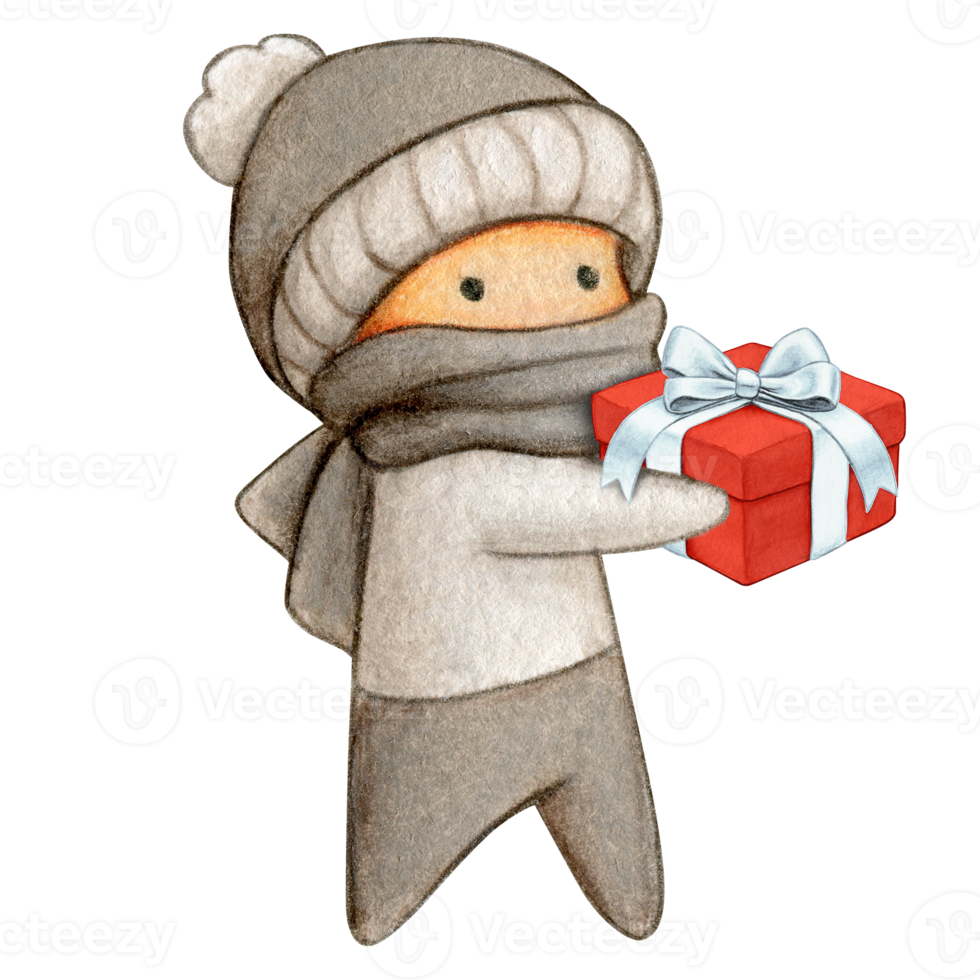 Watercolor hand drawn cute winter character png