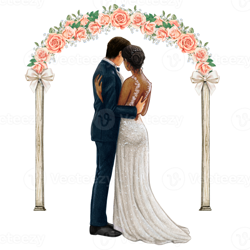 Wedding couple embracing under wedding arch png