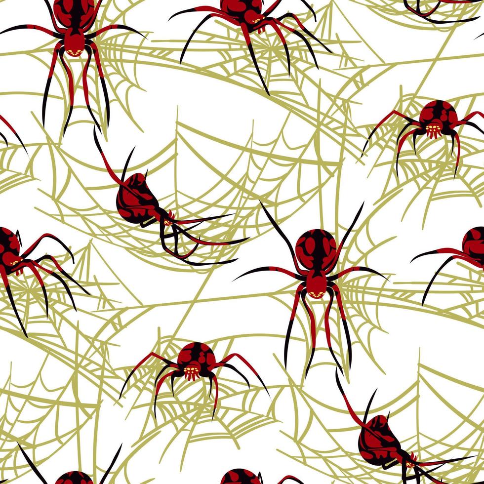 modelo con arañas en el web. vector ilustración de un negro y rojo araña de diferente tamaños con un web modelo en un blanco antecedentes. impresión en textiles y papel. regalo envase para Víspera de Todos los Santos