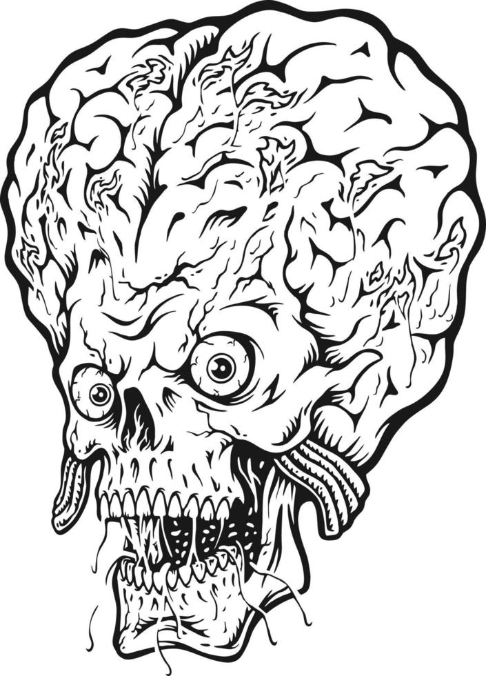 escalofriante cráneo cerebro horror cara ilustraciones monocromo vector