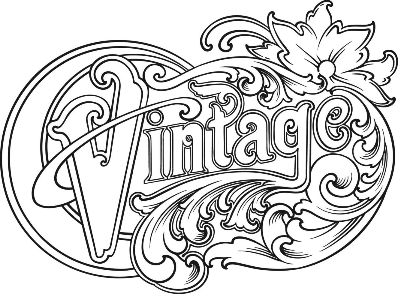 Lettering vintage words with classic luxury frame swirl floral ornament monochrome vector