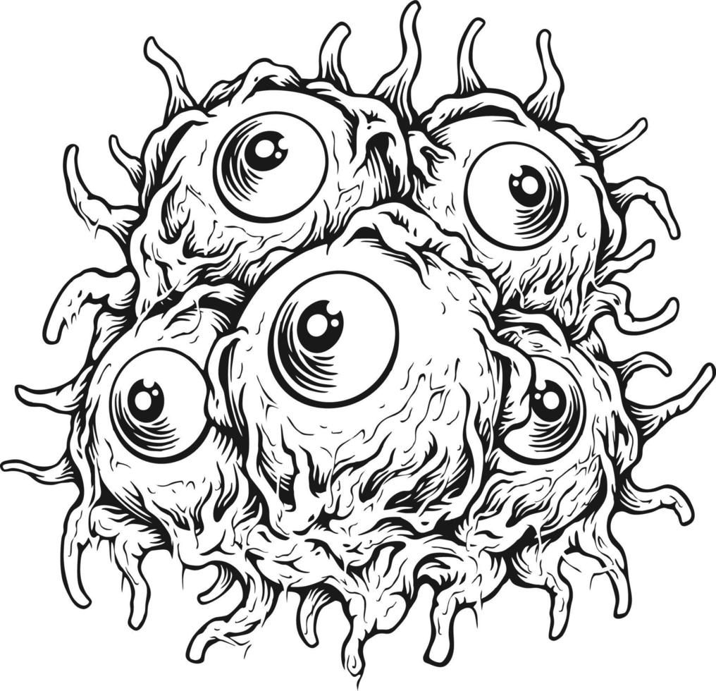 Spooky zombie eyeball horror nightmare illustrations monochrome vector