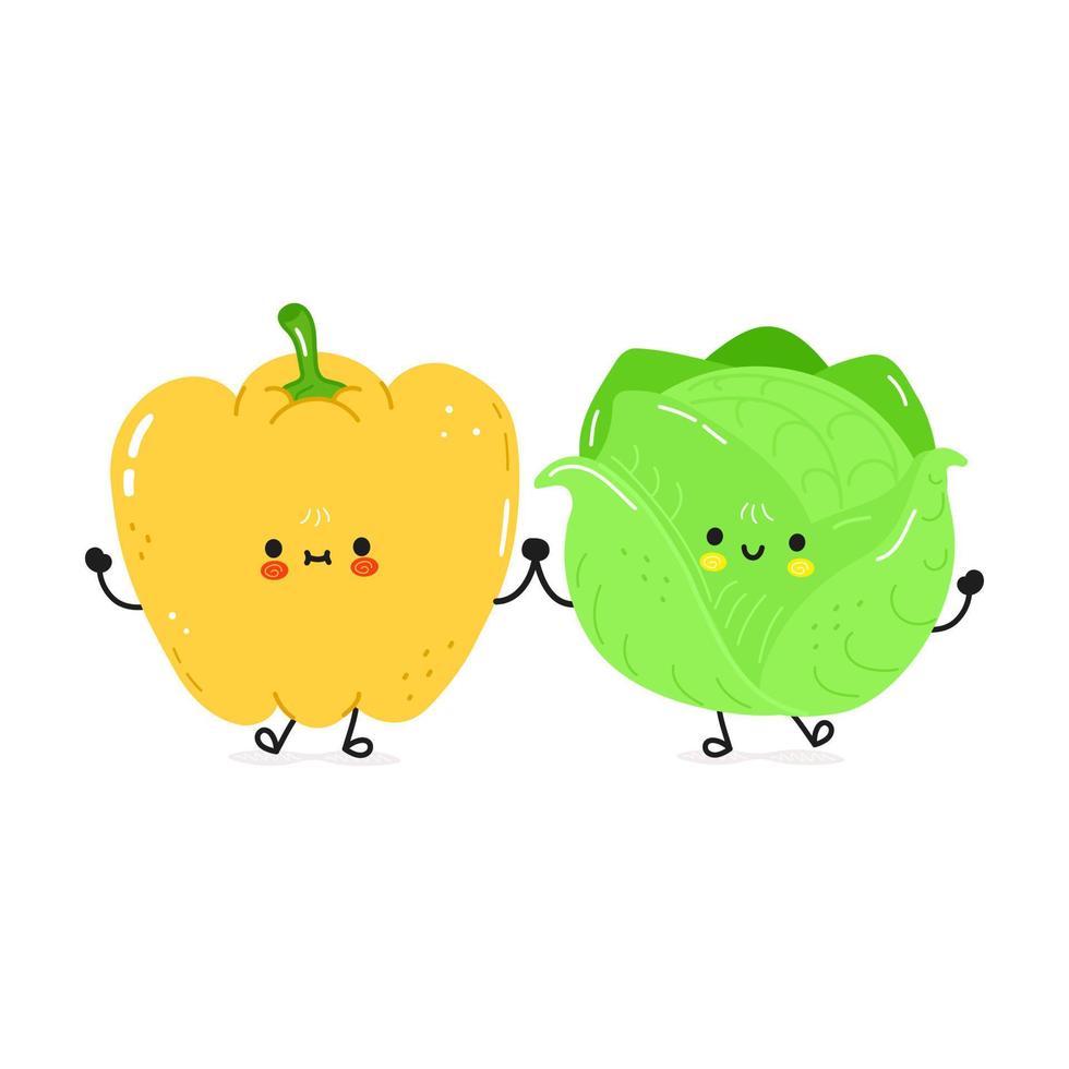 Cabbage and bell pepper card. Vector hand drawn doodle style cartoon character illustration icon design. Happy Cabbage and bell pepper friends concept card