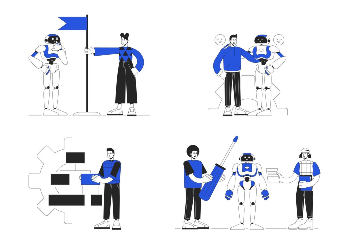 Develop artificial intelligence technologies duo color line concept vector spot illustration pack. Editable 2D flat duotone cartoon characters for web design. Creative ideas for website, social media