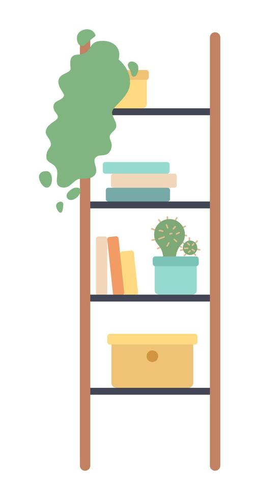 Ladder shelves with books and houseplants semi flat color vector object. Editable icon. Full sized element on white. Simple cartoon style spot illustration for web graphic design and animation