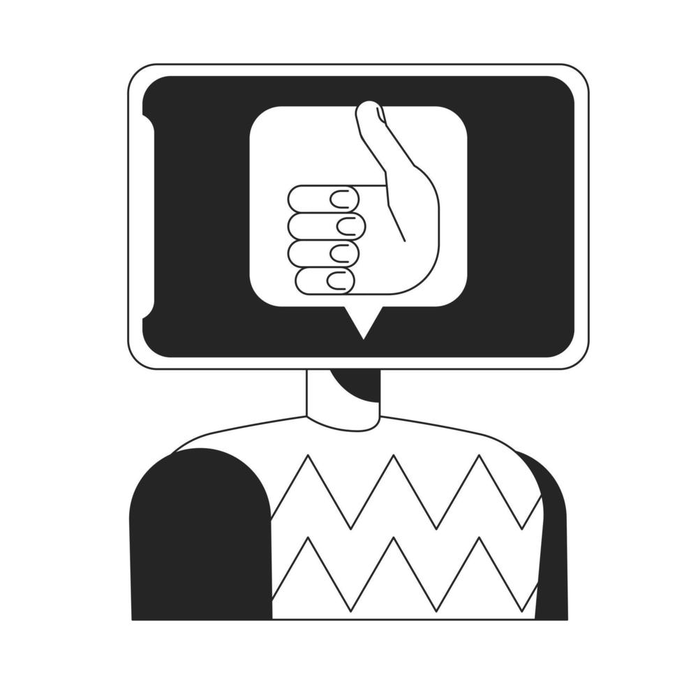 Addicted to likes on social media black and white concept vector spot illustration. Editable 2D flat monochrome cartoon character for web design. Tablet head line art idea for website, mobile, blog