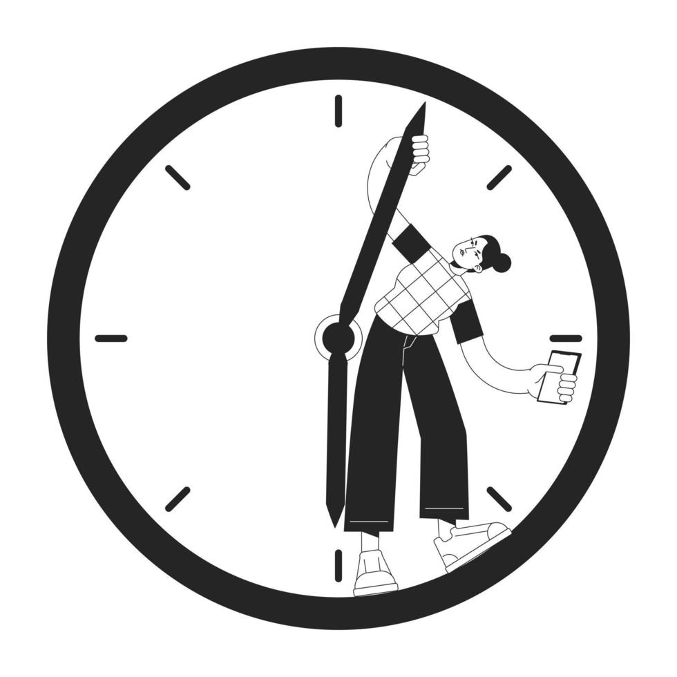 Wasting time on internet with mobile phone black and white concept vector spot illustration. Editable 2D flat monochrome cartoon character for web design. line art idea for website, mobile, blog