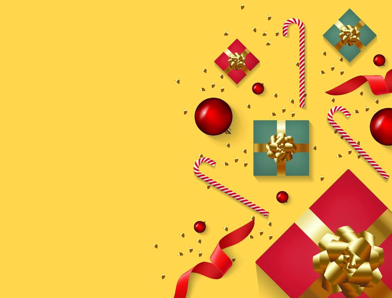 Navidad elemento composición modelo antecedentes. regalo caja, caramelo caña, pelota Decorar, cinta con amarillo escena y Copiar espacio bandera vector