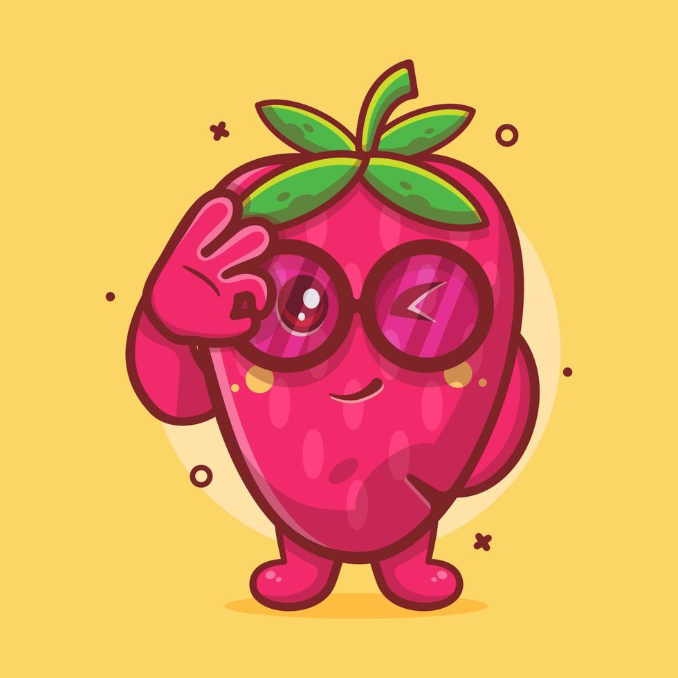 funny strawberry fruit character mascot with ok sign hand gesture isolated cartoon in flat style design. vector