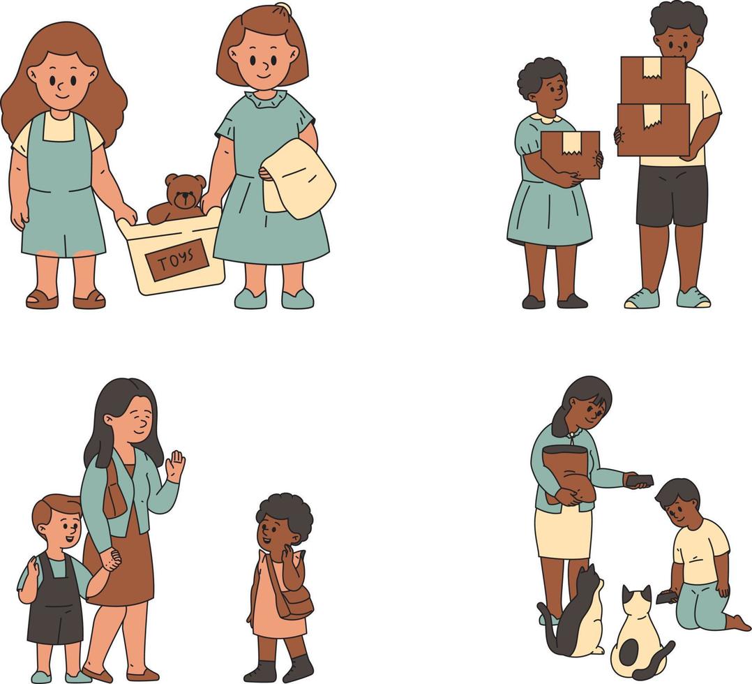 Set of vector illustrations of children and parents. Flat style design.