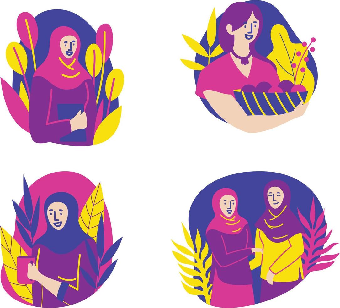 Set of vector illustrations of Muslim women in hijab. Flat style.