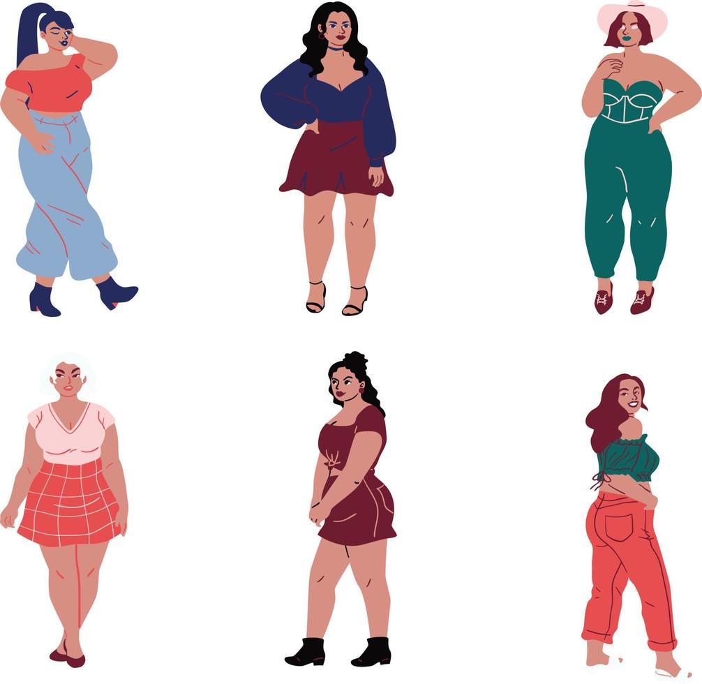 Set of overweight women in different poses. Vector illustration in cartoon style.