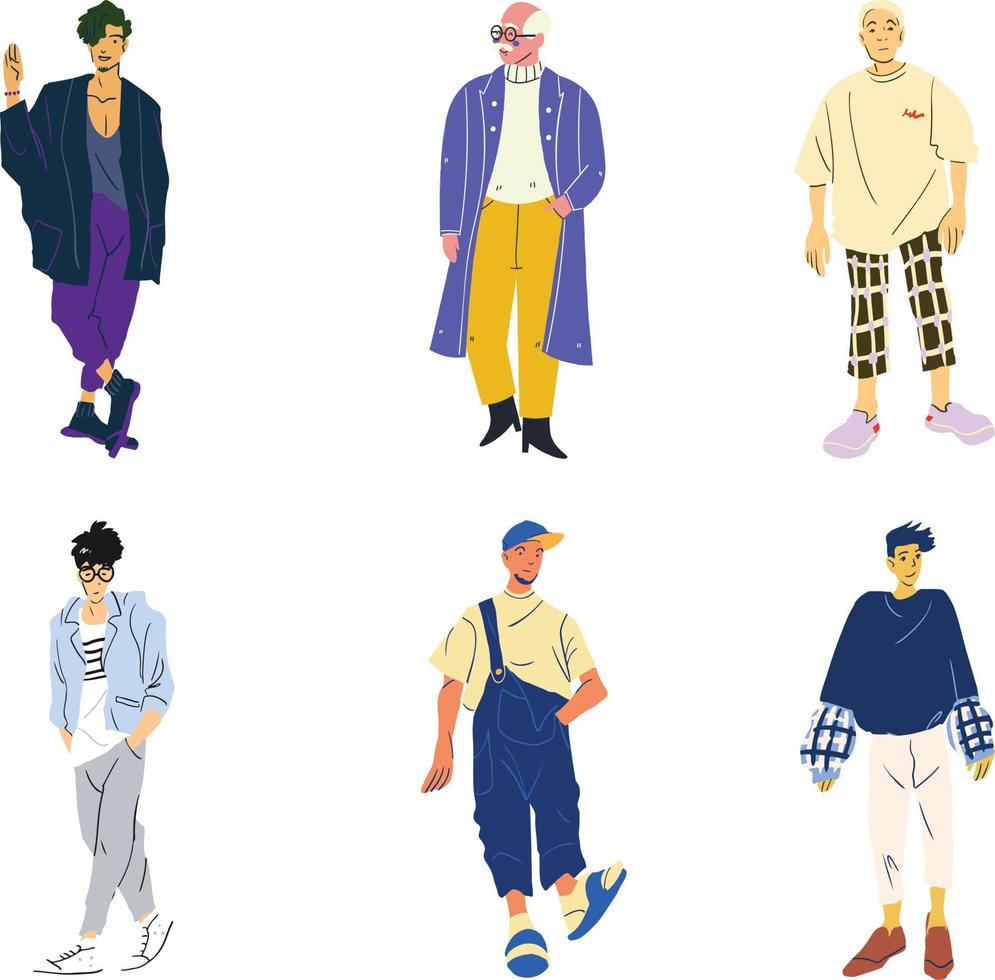 Set of fashion men in trendy clothes. Vector illustration in flat style