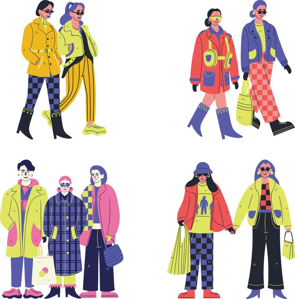 Set of young people in winter clothes. Flat style vector illustration.