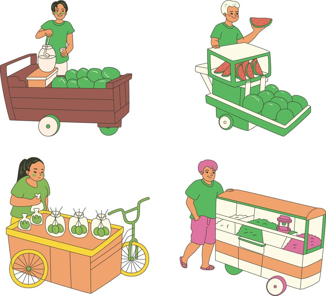 vector ilustración de un granjero de venta frutas y vegetales en un carro.