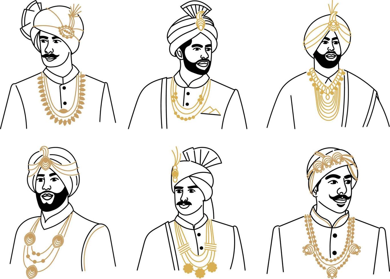 Set of indian men in traditional clothes. Hand drawn vector illustration.