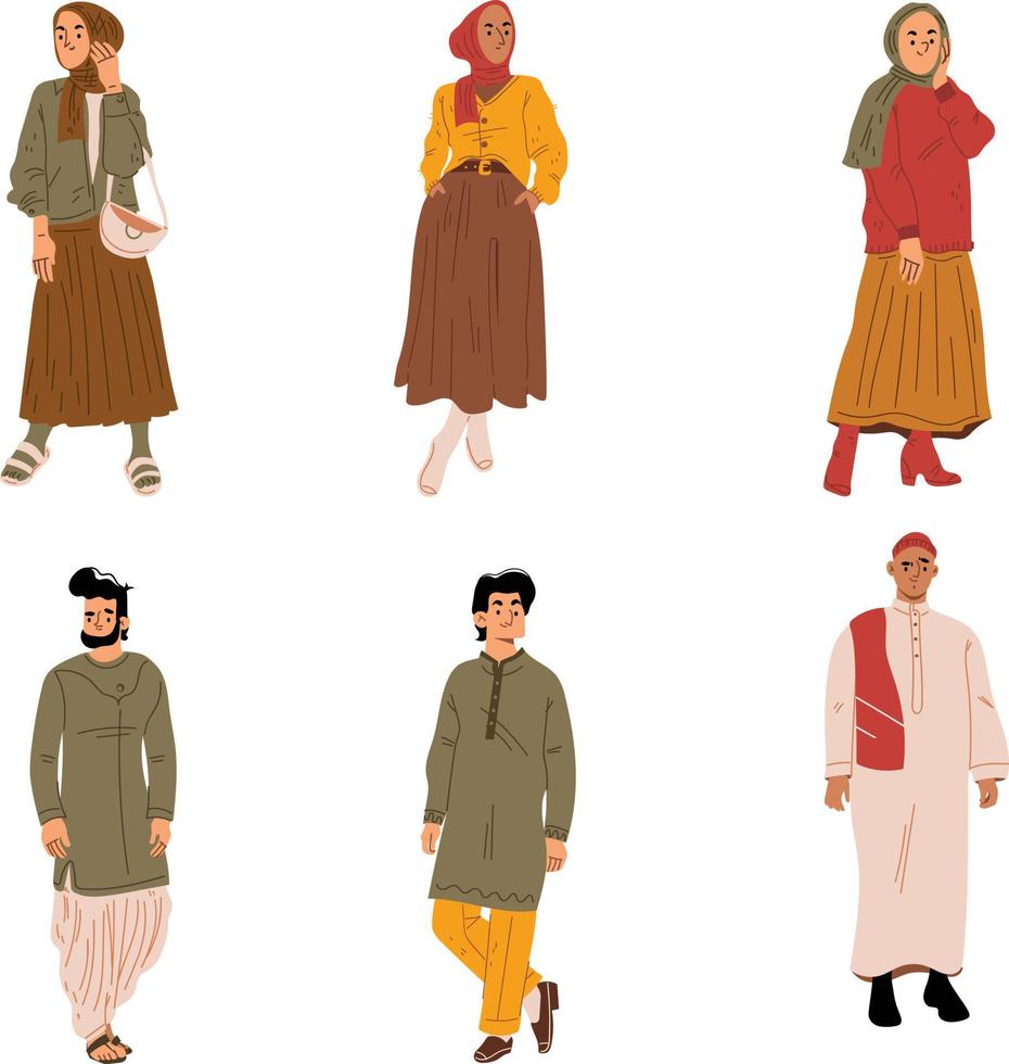 Set of young men and women in traditional clothes. Vector illustration.