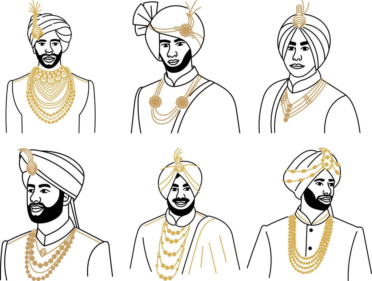 Set of Asian men in traditional clothes. Hand drawn vector illustration.