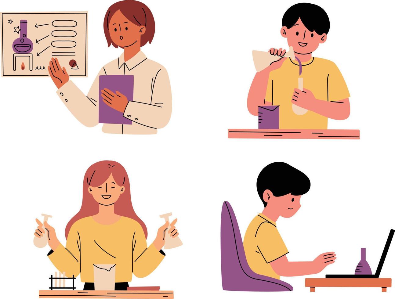 Male and female students sitting at desk with laptop and doing homework vector illustration