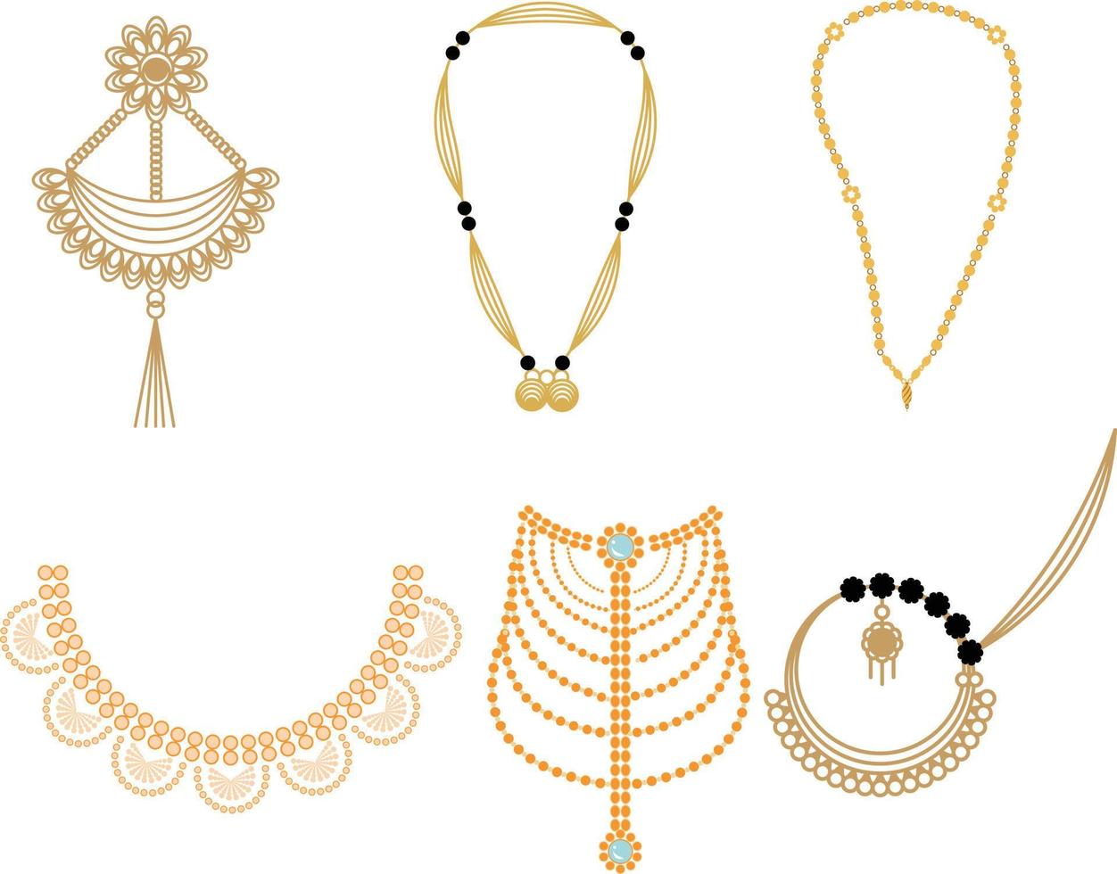 Set of gold necklaces and earrings. Vector illustration.