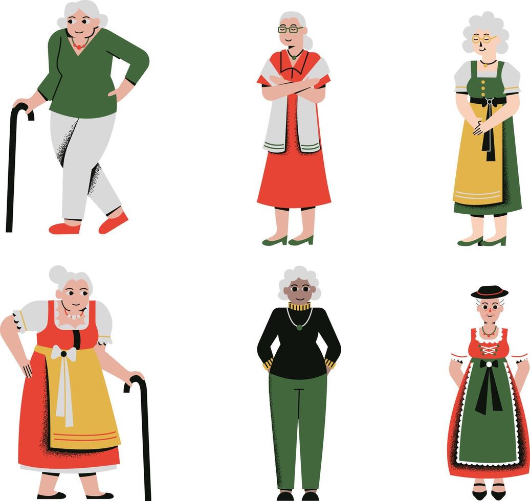 Set of grandmothers in different poses. Vector illustration in cartoon style.