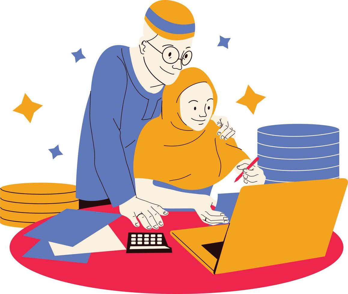 Muslim man and woman working at home with laptop. Flat vector illustration.