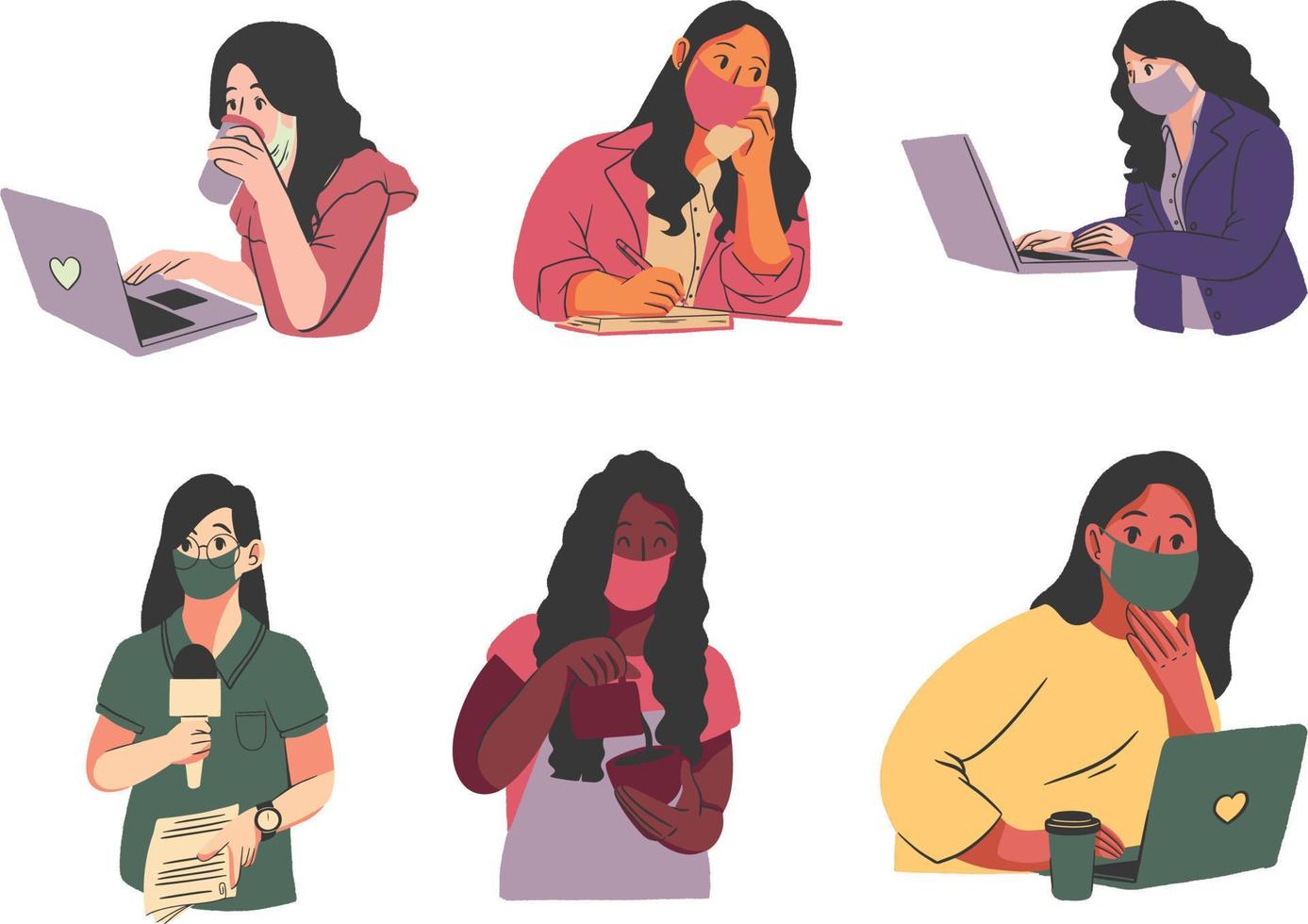 Vector illustration of women wearing face mask and working with laptop and documents.