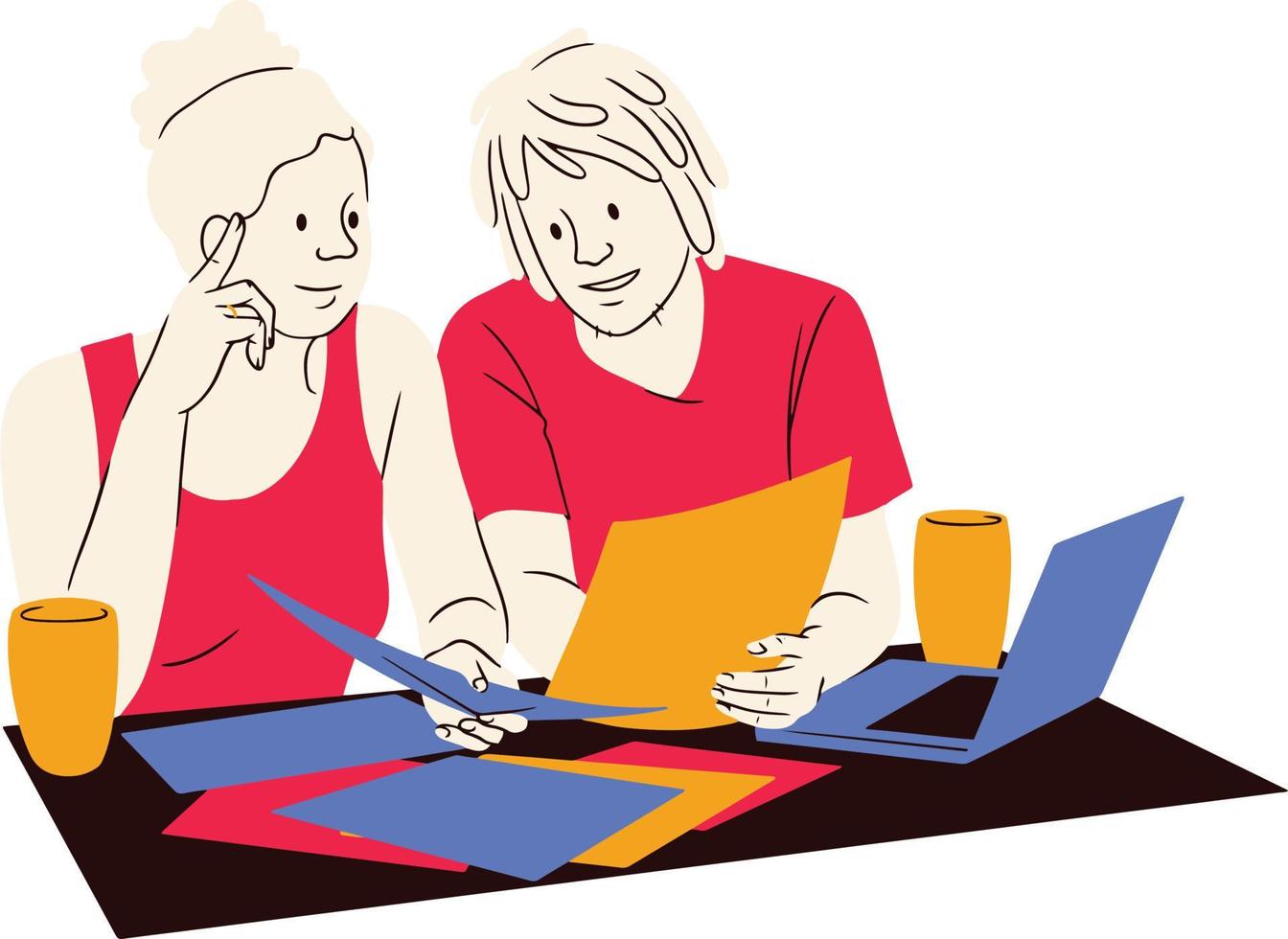 Illustration of two women sitting at the table and working on a laptop vector