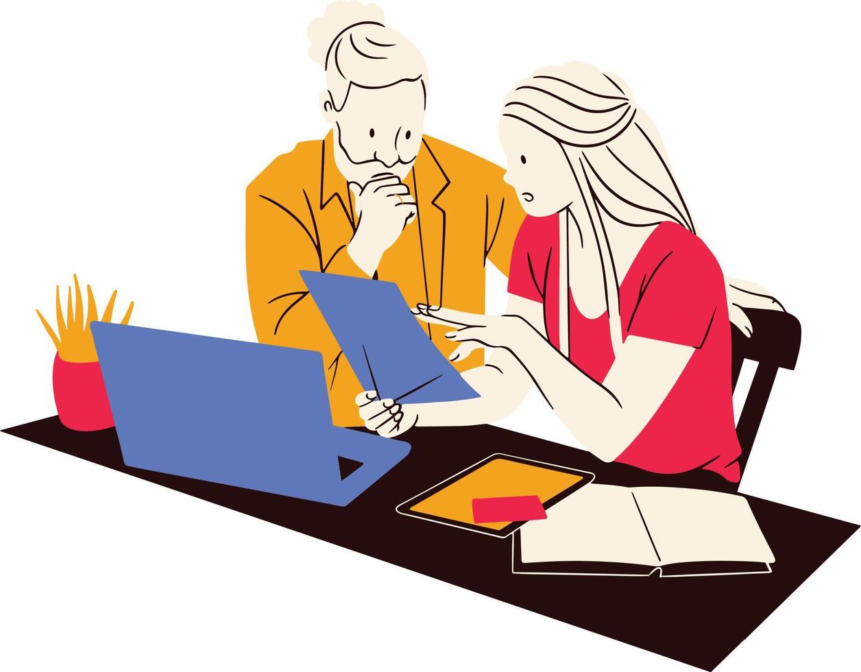 Young woman and man working on laptop. Teamwork concept. Vector illustration
