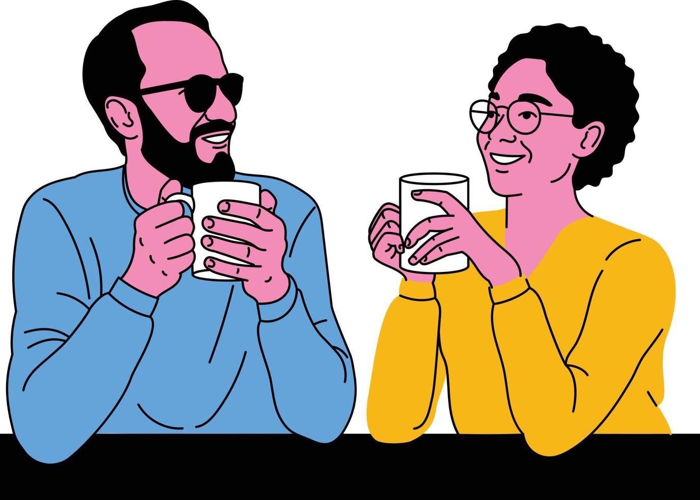 Couple of man and woman drinking coffee and talking. Vector illustration.