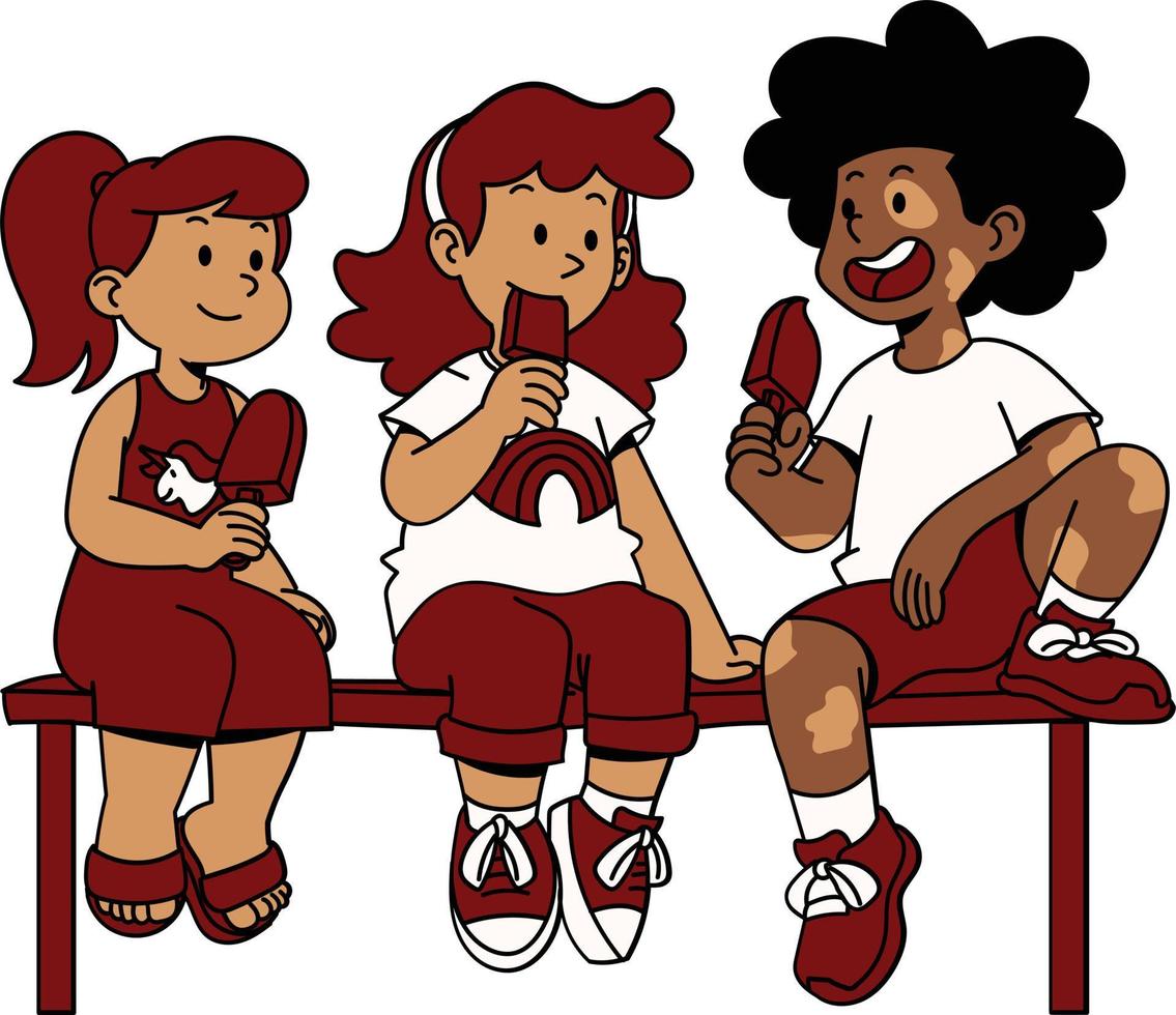 Children sitting on bench and eating ice cream. Vector illustration in cartoon style.