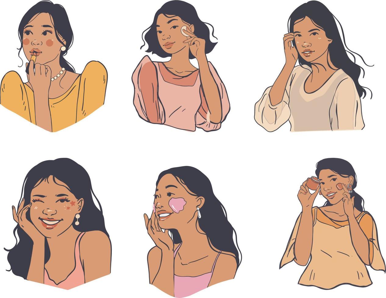 Set of vector illustrations of a young woman applying cream on her face.
