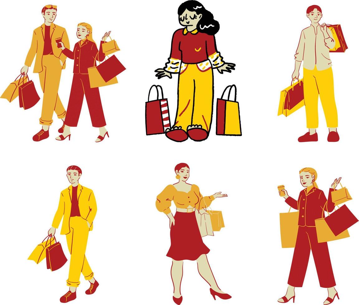 conjunto de joven personas con compras bolsas. vector ilustración en dibujos animados estilo.