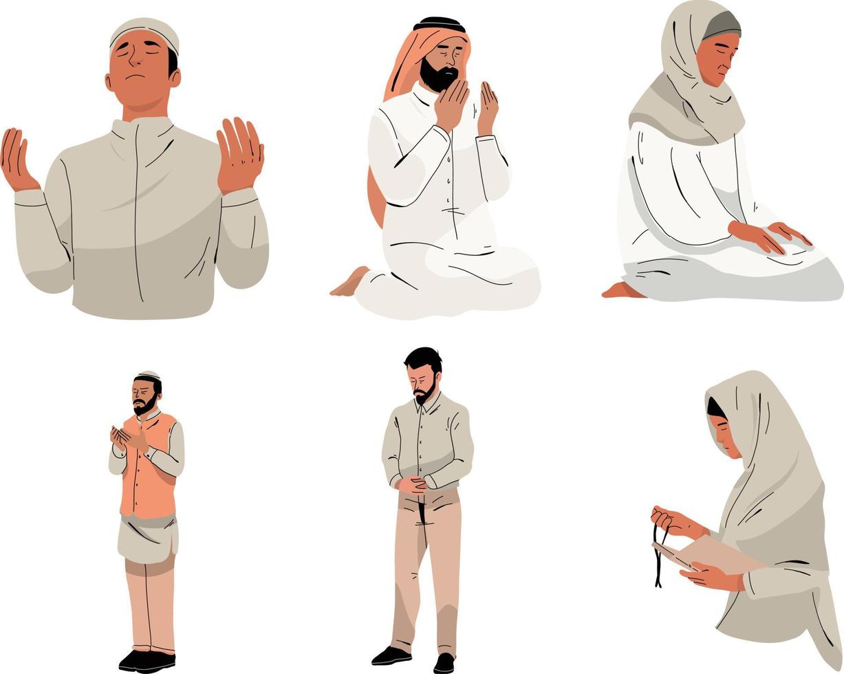 Set of muslim man in traditional clothes praying. Vector illustration.